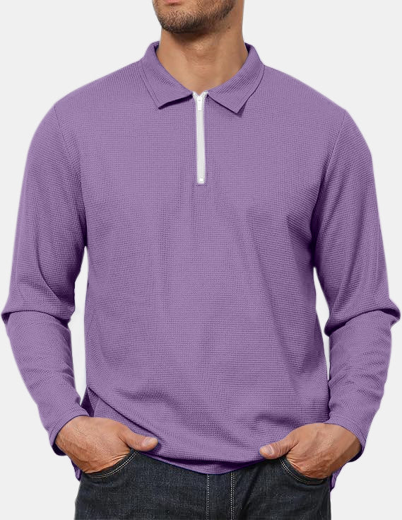 Men's Everyday Casual Comfortable Waffle Long Sleeve Zipper POLO Shirt