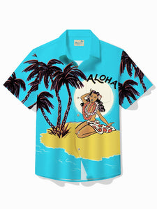 50s Vintage Dame Beach Vacation Men's Hawaiian Shirt Coconut Tree Hula Girl Print Stretch Pocket Camping Shirt Big Tall