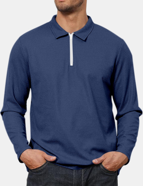 Men's Everyday Casual Comfortable Waffle Long Sleeve Zipper POLO Shirt