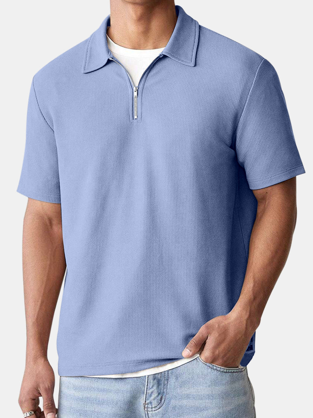 Men's Summer Solid Color Waffle Comfort Short Sleeve Polo Shirt