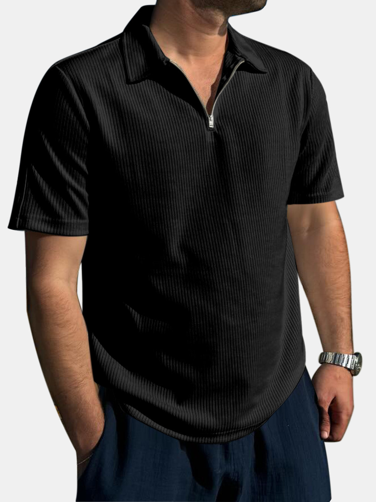 Men's Daily Solid Color Vertical Zipper Short-sleeved Polo Shirt