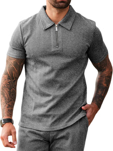 Men's Fashion Textured Zip Short Sleeve Polo Shirt