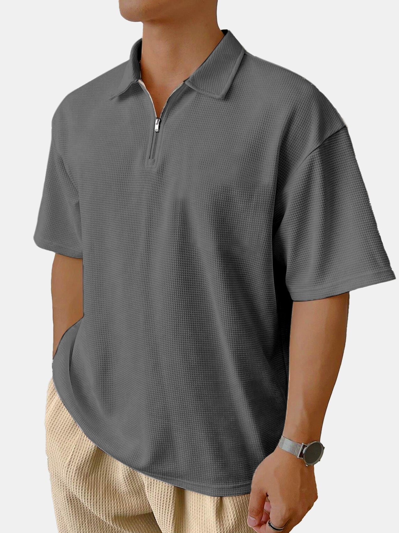 Men's Casual Daily Solid Color Waffle Zipper Short-sleeved Polo Shirt