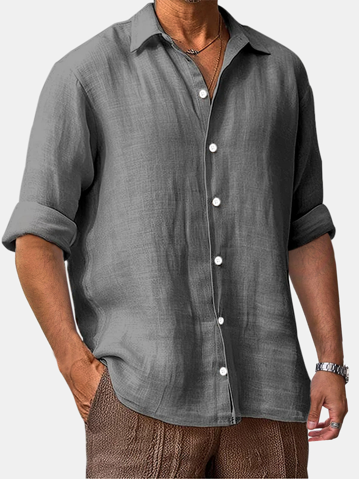 Men's Autumn Comfortable Solid Color Cotton And Linen Loose Long-sleeved Shirt