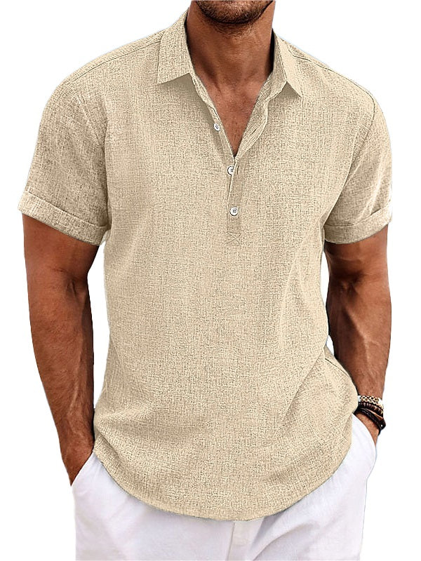 Men's Cotton Linen Solid Color Pullover Button Hawaiian Daily Casual Short Sleeve Shirt