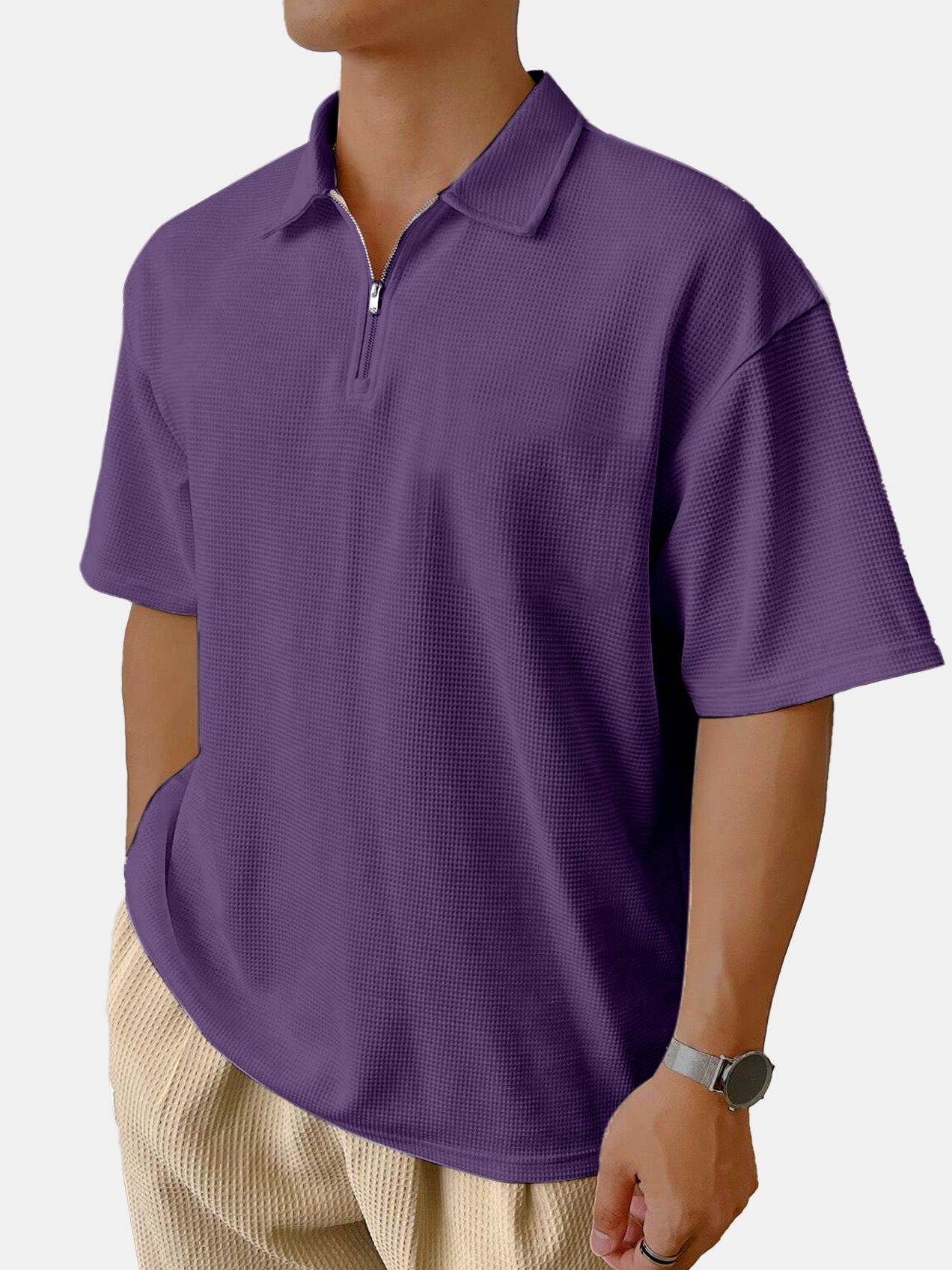 Men's Casual Daily Solid Color Waffle Zipper Short-sleeved Polo Shirt