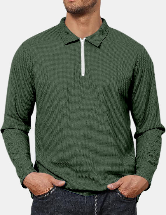 Men's Everyday Casual Comfortable Waffle Long Sleeve Zipper POLO Shirt