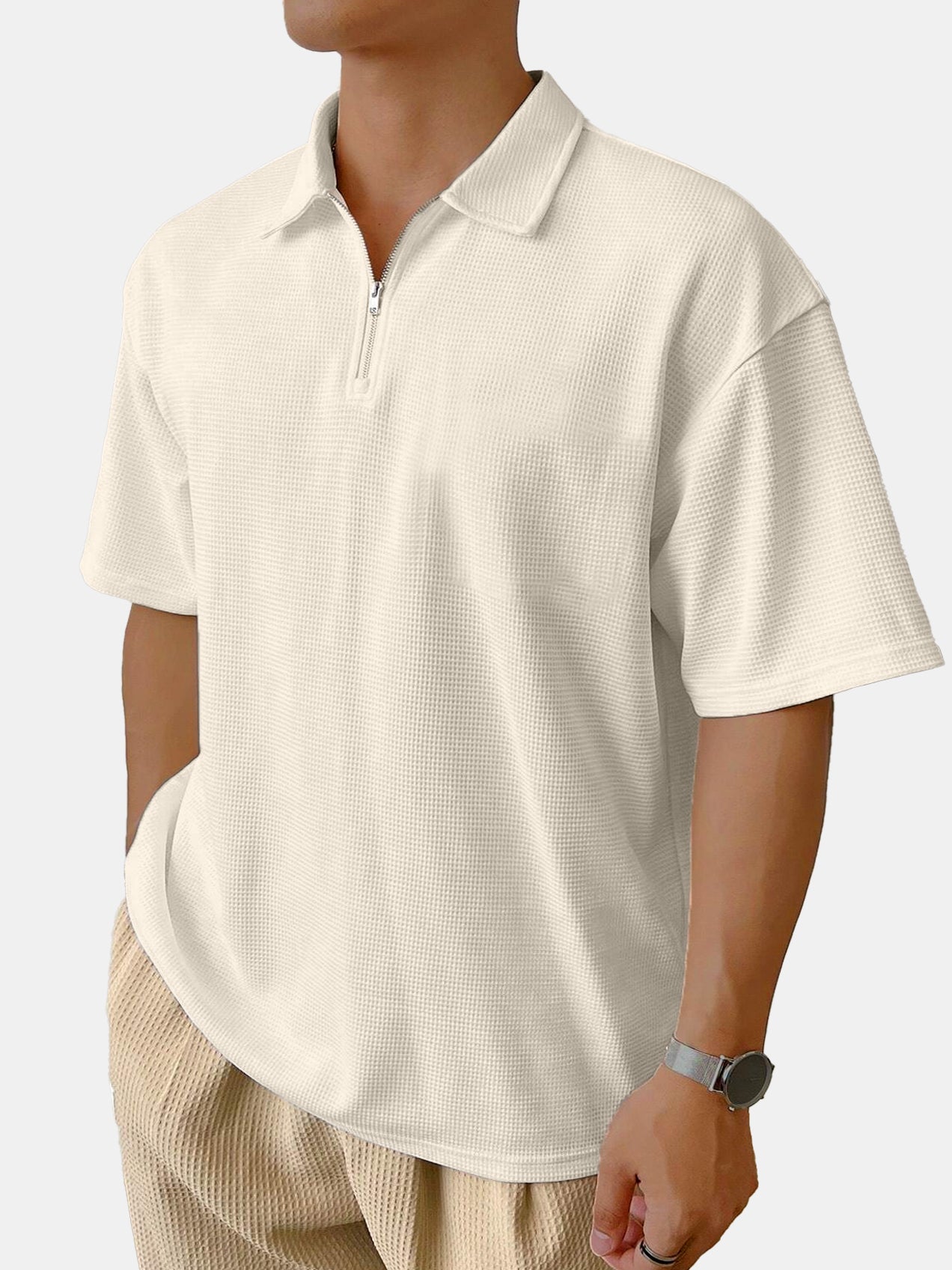 Men's Casual Daily Solid Color Waffle Zipper Short-sleeved Polo Shirt