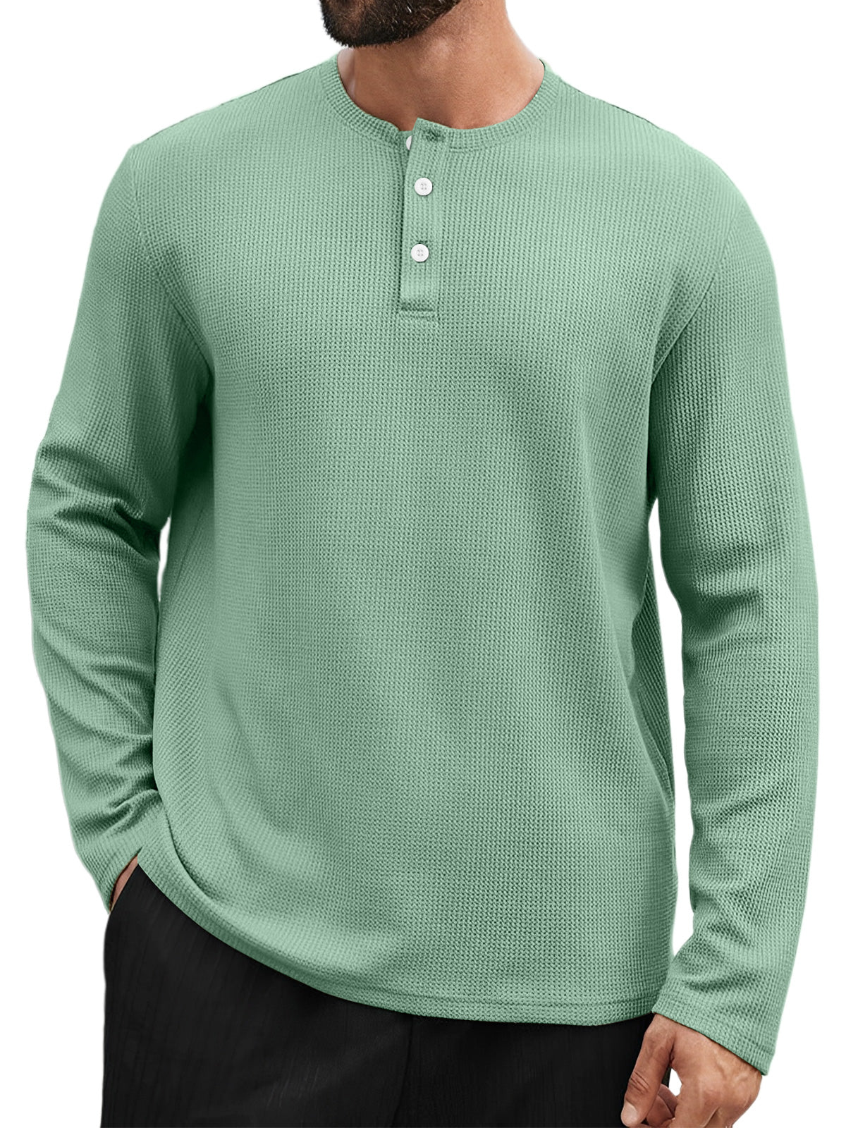 Men's Casual Henley Collar Waffle Solid Color Long Sleeve T-Shirt