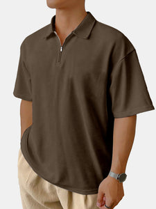 Men's Casual Daily Solid Color Waffle Zipper Short-sleeved Polo Shirt