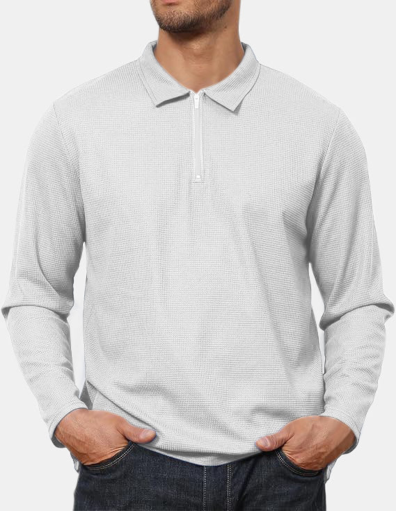 Men's Everyday Casual Comfortable Waffle Long Sleeve Zipper POLO Shirt