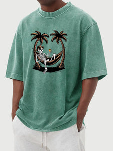 Men's Halloween 100% cotton washed distressed coconut tree skull print short-sleeved T-shirt