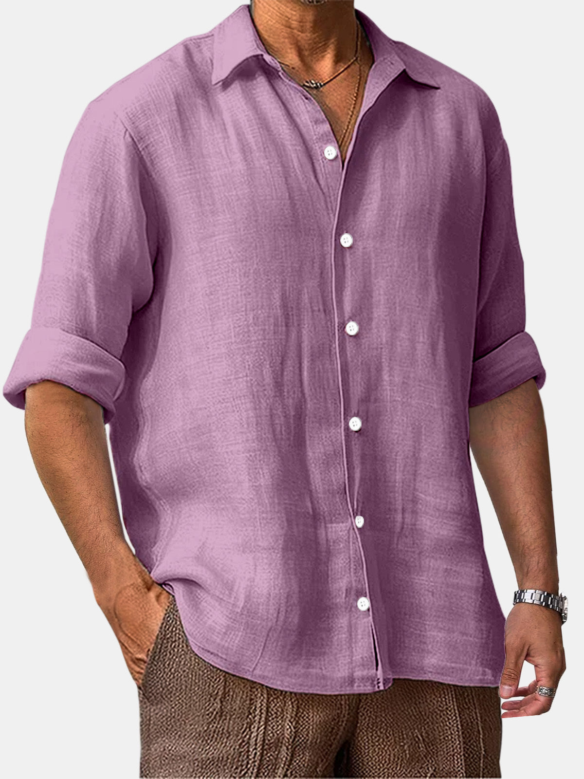 Men's Autumn Comfortable Solid Color Cotton And Linen Loose Long-sleeved Shirt