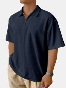 Men's Casual Daily Solid Color Waffle Zipper Short-sleeved Polo Shirt