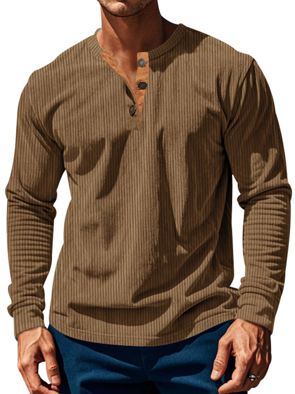 Men's vertical stripe solid color four-button casual and comfortable long-sleeved Henley T-shirt