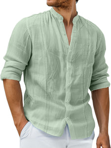 Men's Casual Stand Collar Cotton Guayabera Solid Color Long Sleeve Shirt