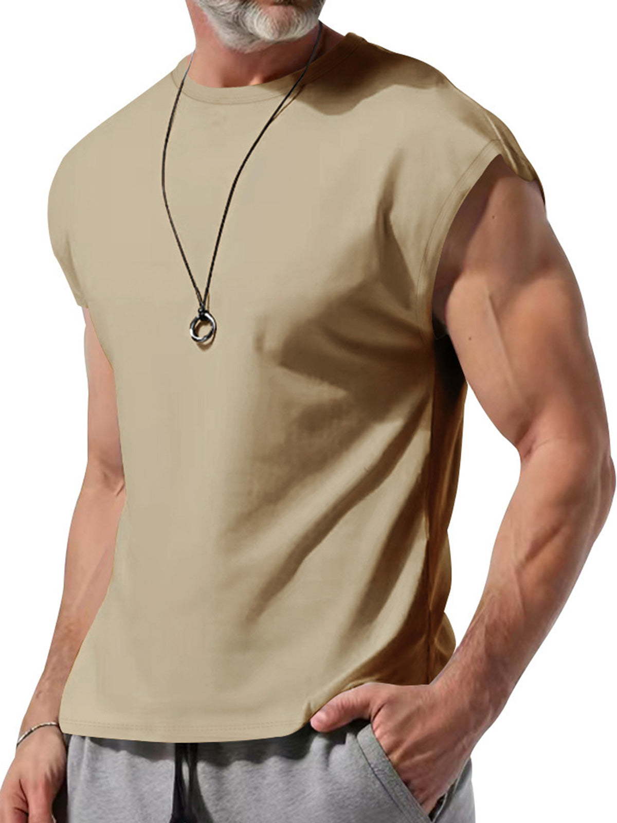 Men's Summer Hawaiian Cotton Round Neck Solid Color Sleeveless Tank Top T-Shirt