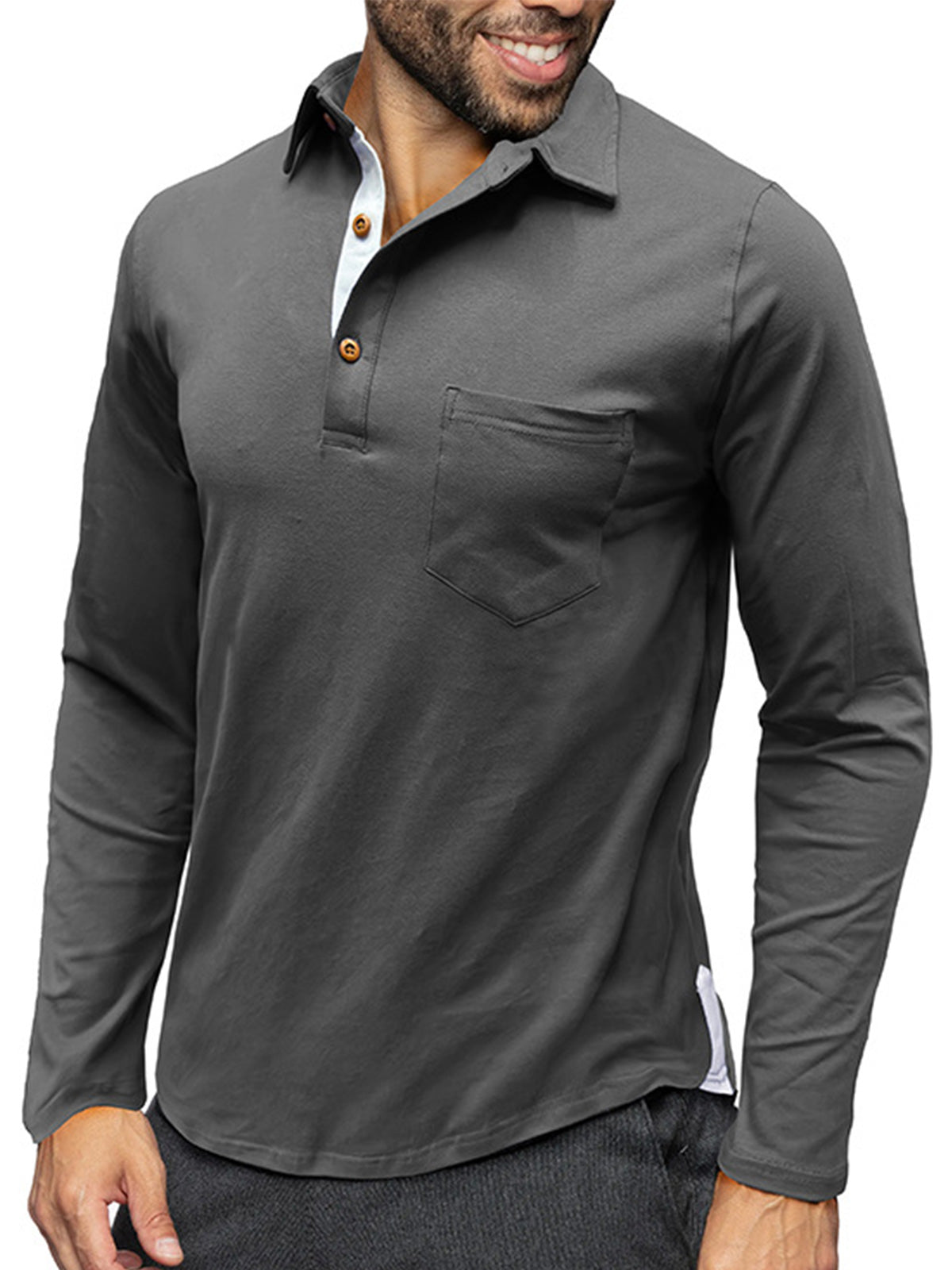 Men's Pure Cotton Lapel Casual Solid Color Pocket Long Sleeve POLO Shirt