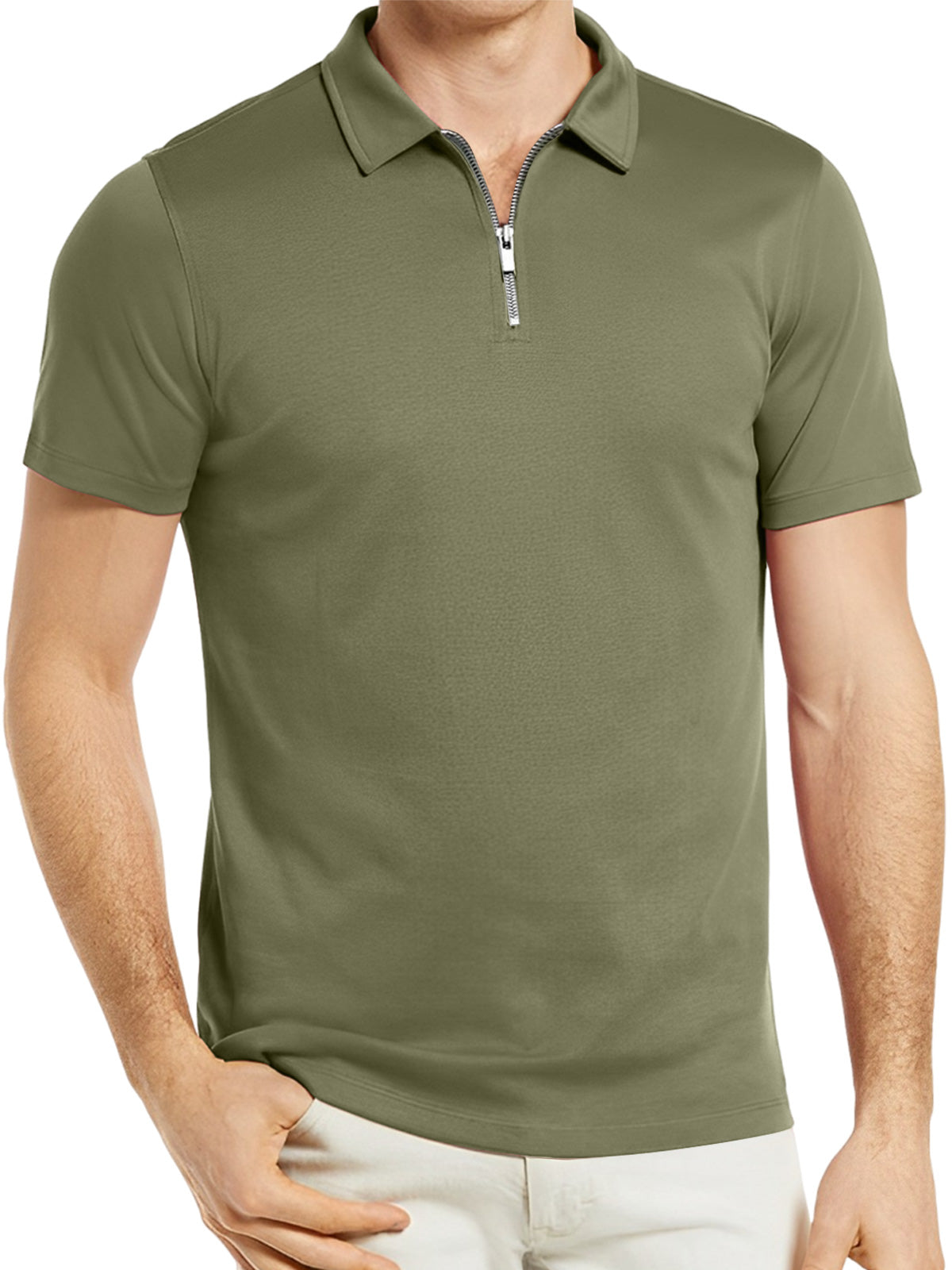 Men's solid color zipper lapel breathable short-sleeved POLO shirt