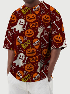 Men's Summer Round Neck Halloween Ghost Pumpkin Print Short Sleeve T-Shirt