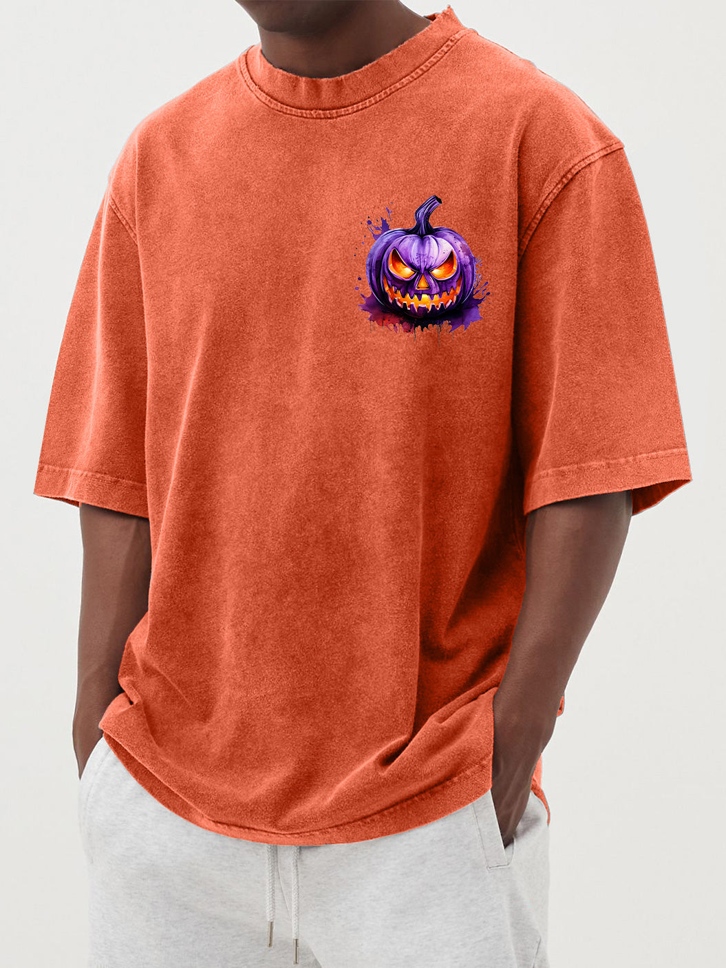 Men's Halloween 100% Cotton Washed and Distressed Watercolor Pumpkin Print Short Sleeve T-Shirt