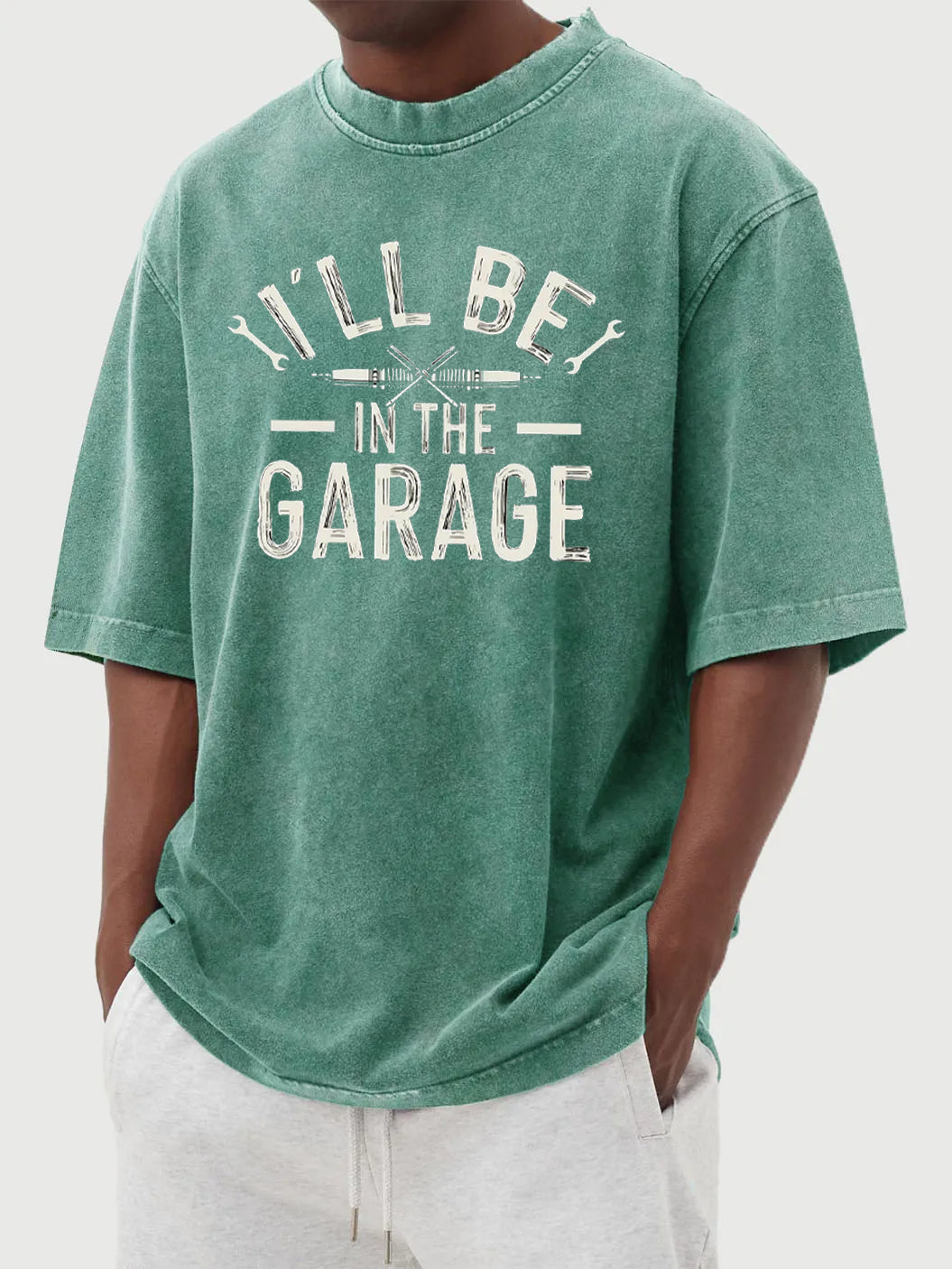 "I'll Be In The Garage" printed vintage washed crew neck T-shirt