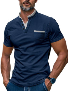 Men's casual cotton stand collar contrast pocket short sleeve polo shirt