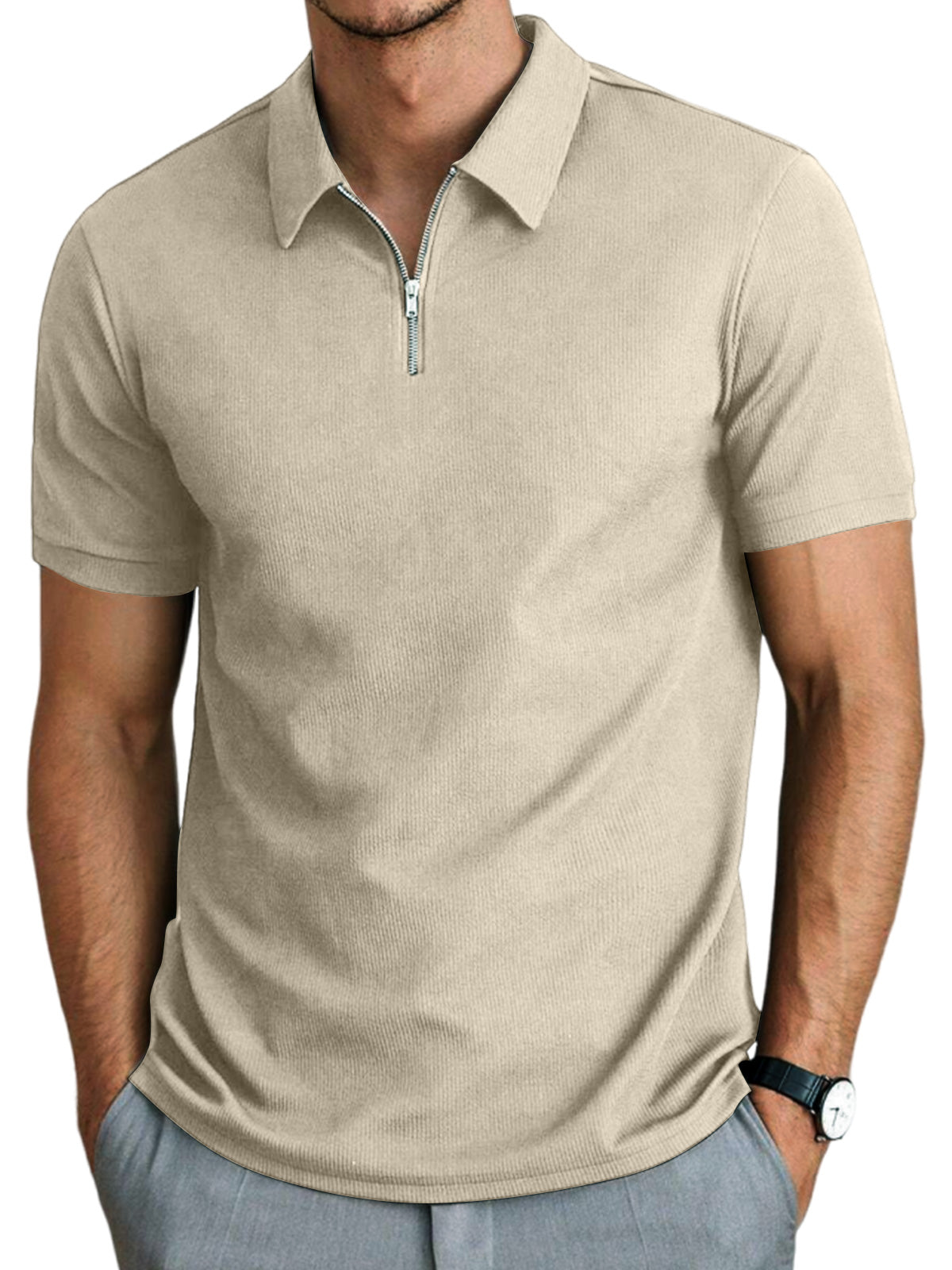 Men's striped solid color zipper lapel short sleeve polo shirt