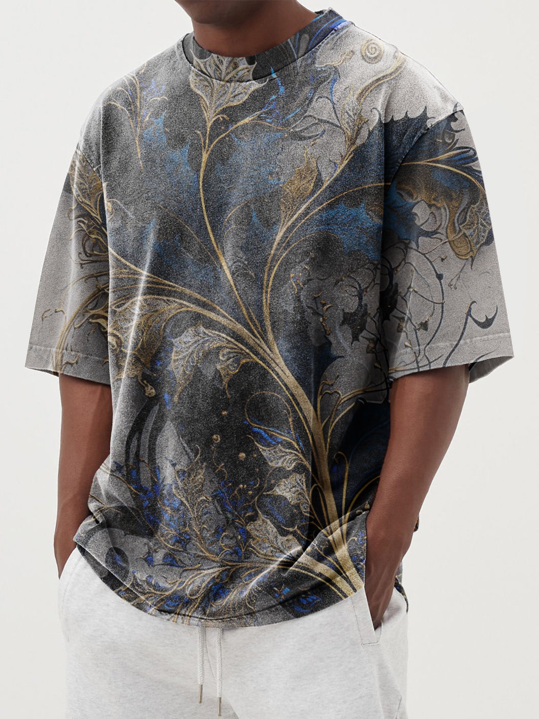 Men's Gold Plated Art Floral Print T-Shirt