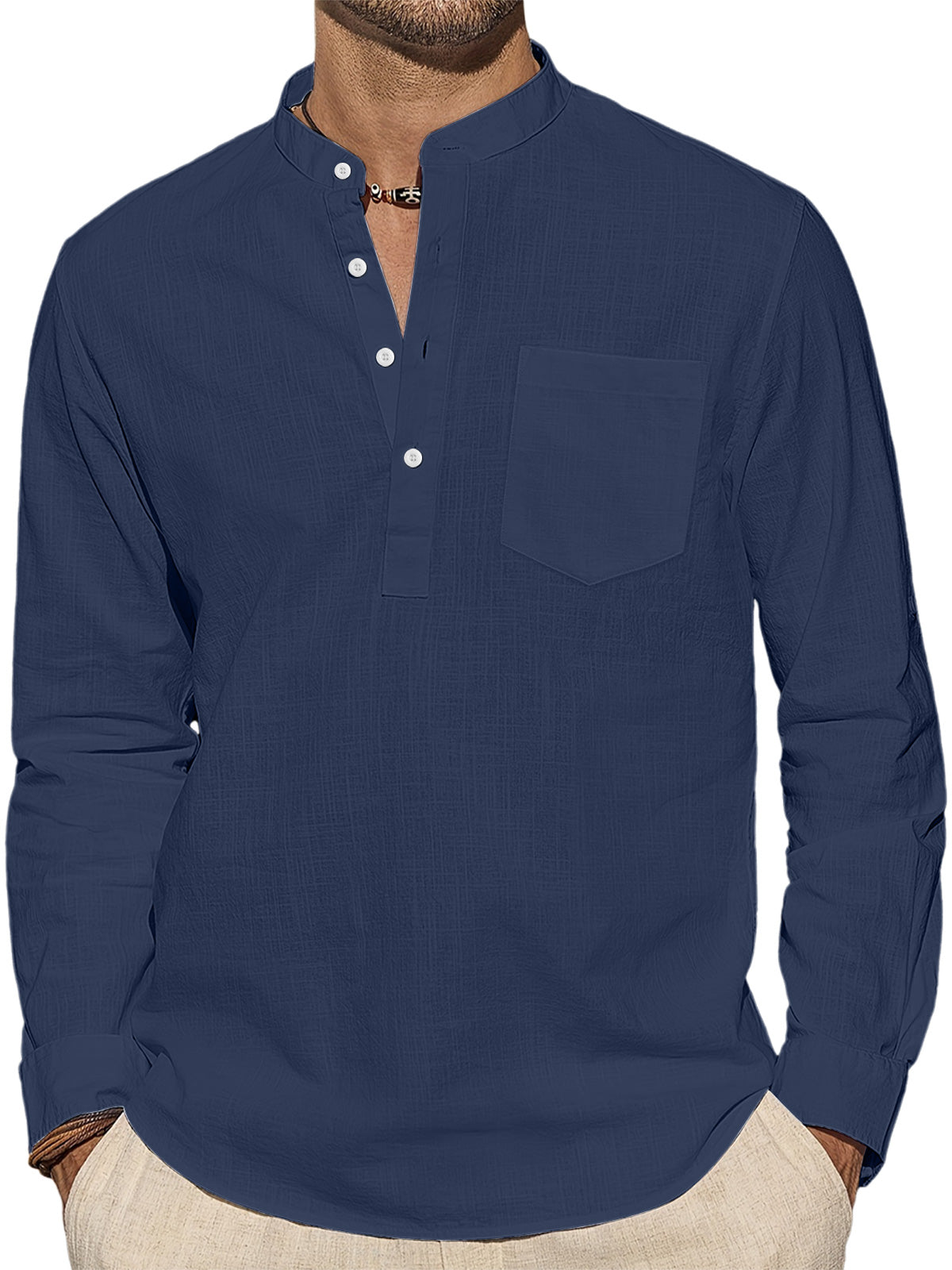 Men's Casual Stand Collar Pocket Solid Color Long Sleeve Shirt