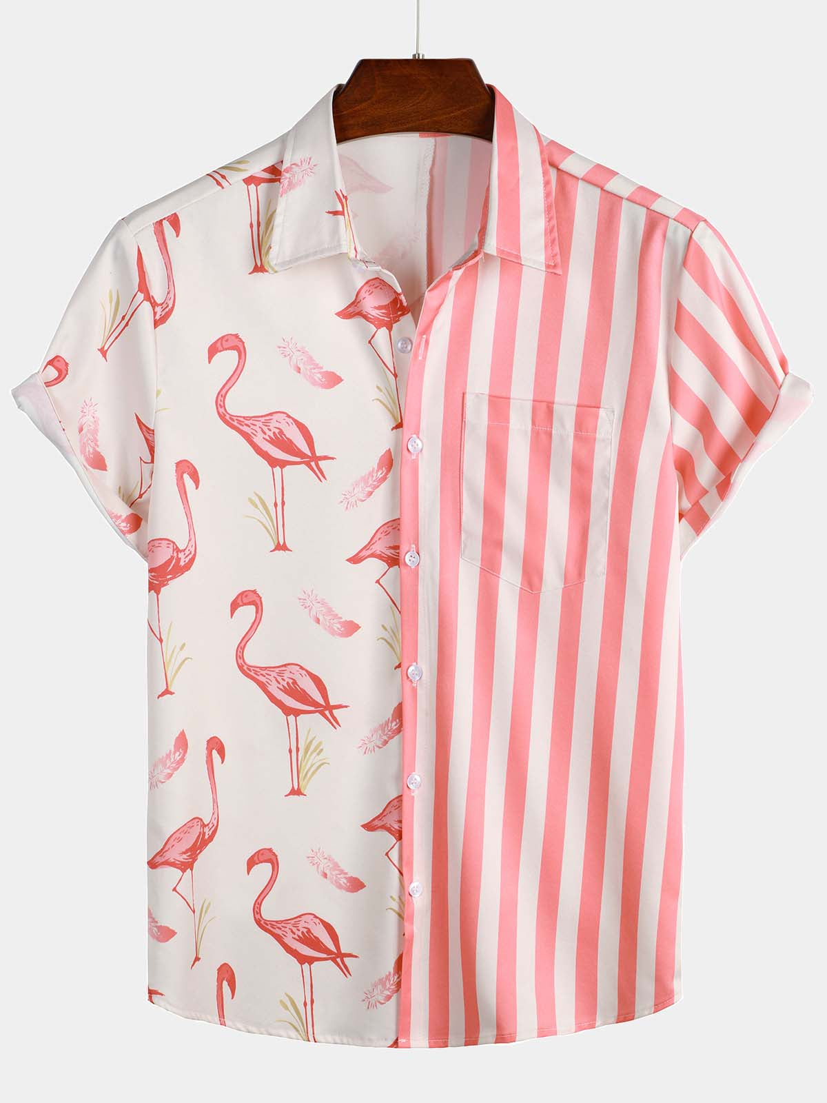 Men's Pink Flamingo & Striped Print Holiday Pocket Short Sleeve Shirt