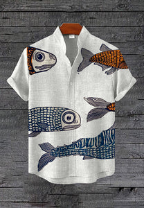 Men's Japan Lucky Koi Fish Warrior Ink Painting Linen Blend Shirt