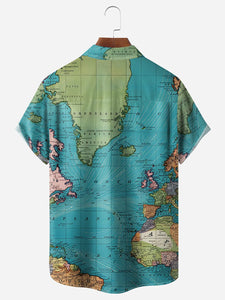 Map Chest Pocket Short Sleeve Casual Shirt