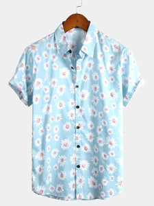 Men's Floral Daisy Print Hawaiian Cotton Button Up Summer Short Sleeve Flower Shirt