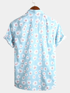 Men's Floral Daisy Print Hawaiian Cotton Button Up Summer Short Sleeve Flower Shirt