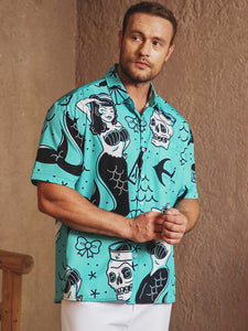 Mermaid Chest Pocket Short Sleeve Hawaiian Shirt