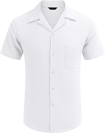 Men's Cuban Collar Waffle Basics Soft Comfort Everyday Casual Pocket Short Sleeve Shirt