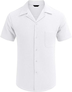 Men's Cuban Collar Waffle Basics Soft Comfort Everyday Casual Pocket Short Sleeve Shirt