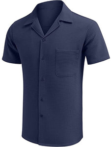 Men's Cuban Collar Waffle Basics Soft Comfort Everyday Casual Pocket Short Sleeve Shirt