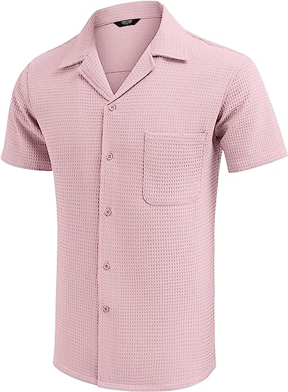 Men's Cuban Collar Waffle Basics Soft Comfort Everyday Casual Pocket Short Sleeve Shirt