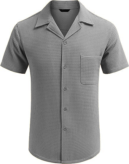 Men's Cuban Collar Waffle Basics Soft Comfort Everyday Casual Pocket Short Sleeve Shirt