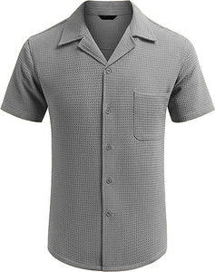 Men's Cuban Collar Waffle Basics Soft Comfort Everyday Casual Pocket Short Sleeve Shirt