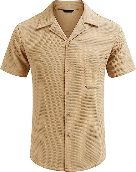 Men's Cuban Collar Waffle Basics Soft Comfort Everyday Casual Pocket Short Sleeve Shirt