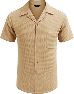 Men's Cuban Collar Waffle Basics Soft Comfort Everyday Casual Pocket Short Sleeve Shirt