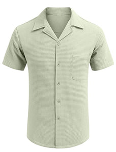 Men's Cuban Collar Waffle Basics Soft Comfort Everyday Casual Pocket Short Sleeve Shirt