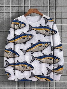 <Flash Sale⚡40% OFF> Men's Fish School Embroidery Art Pattern Print Sweatshirt