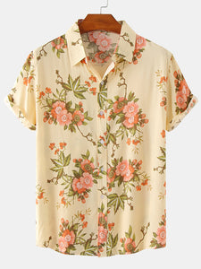 Men's Casual Button Up Holiday 70s Retro Floral Casual Short Sleeve Shirt