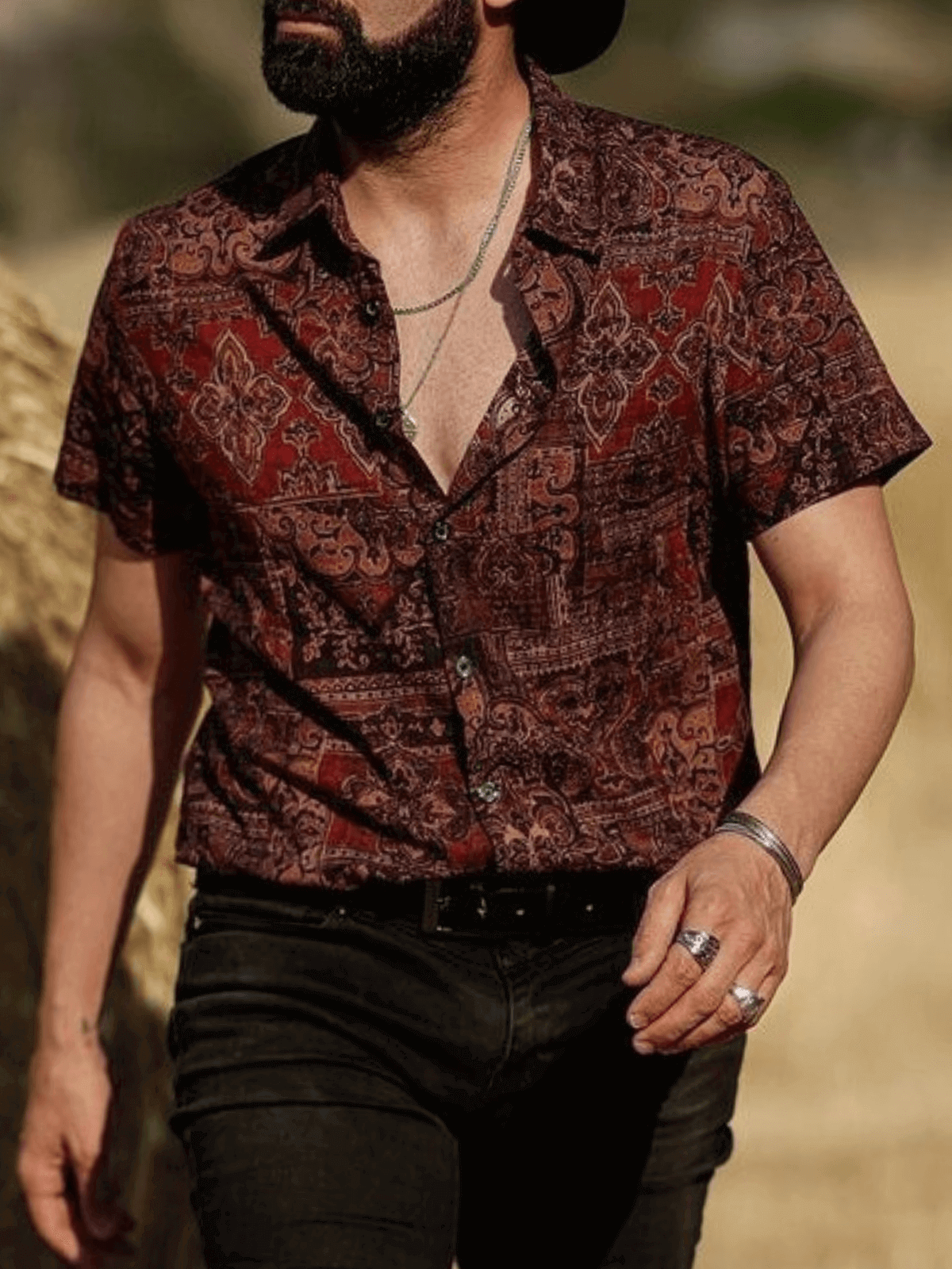 Men's Retro Paisley Floral Print Cotton Button Up Vintage Holiday Western Brown Short Sleeve Shirt