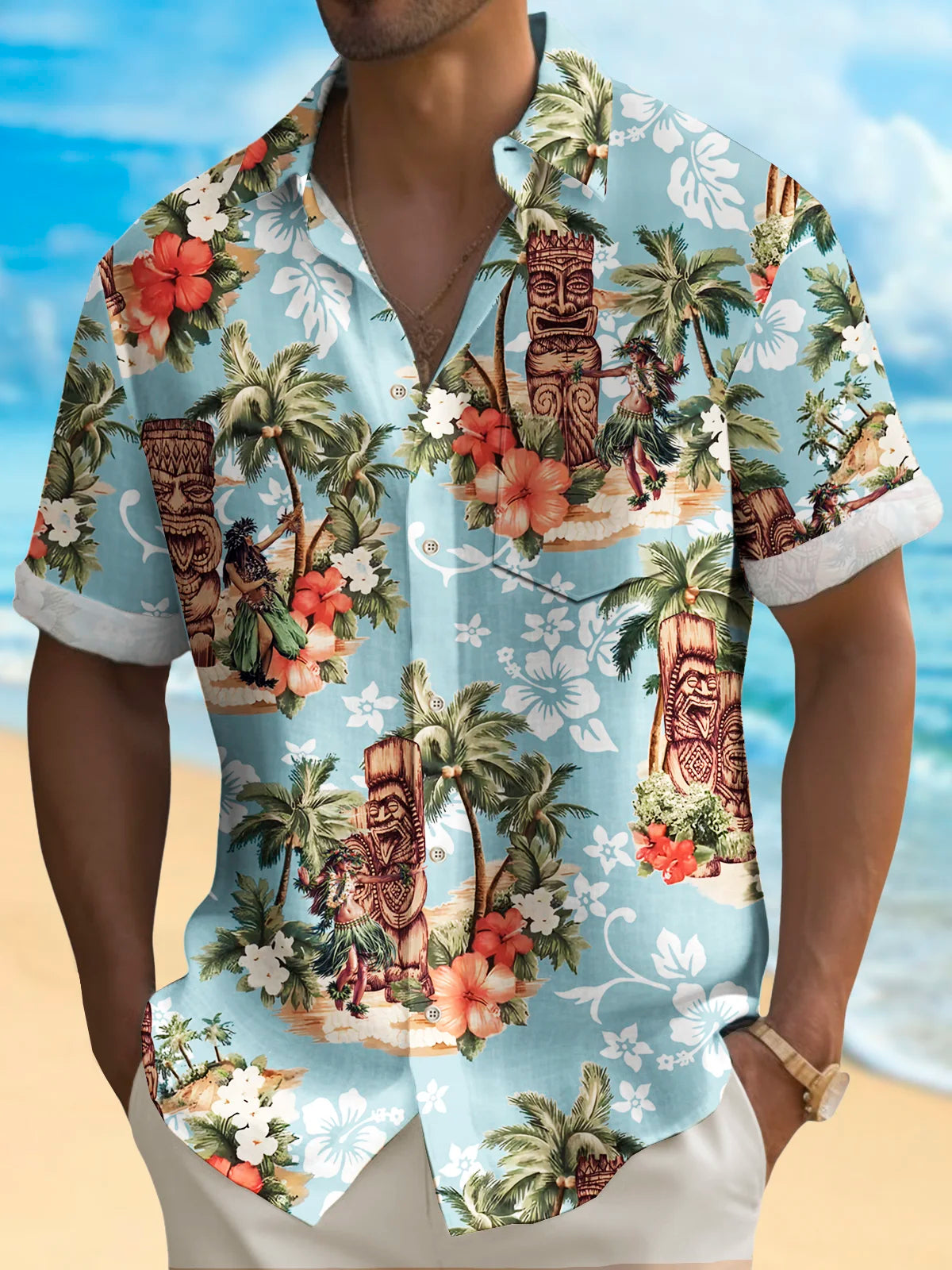 Beach Vacation Tiki Men's Hawaiian Shirt Hula Girl Coconut Tree Pocket Button Shirt Big Tall