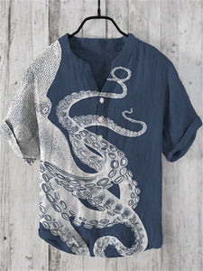 Men's Japanese Art Octopus Graphic Printed Short Sleeve Shirt